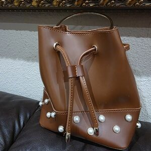 Chic Brown Mini Bucket Bag with Pearl Details